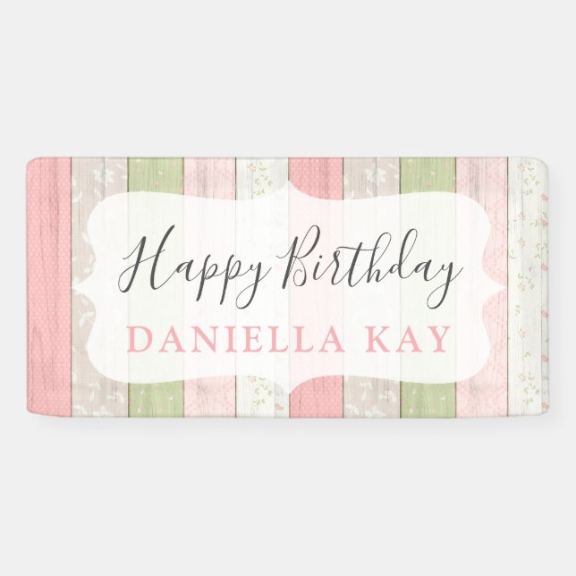 Rustic Sage Green Pink Floral Wood Happy Birthday Banner (Horizontal)