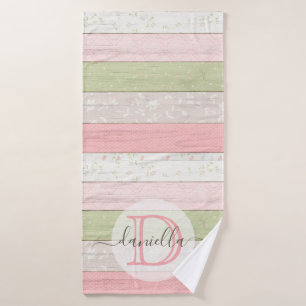 Rustic Sage Green & Pink Floral Wood Personalised Bath Towel