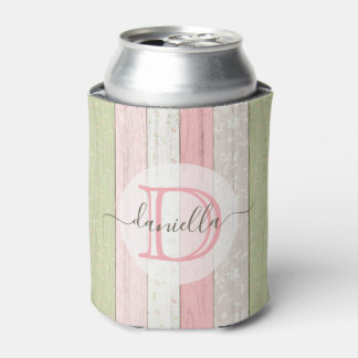 Rustic Sage Green & Pink Floral Wood Personalised Can Cooler