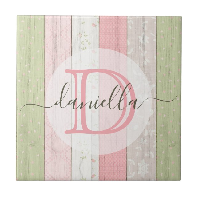 Rustic Sage Green & Pink Floral Wood Personalised Ceramic Tile (Front)