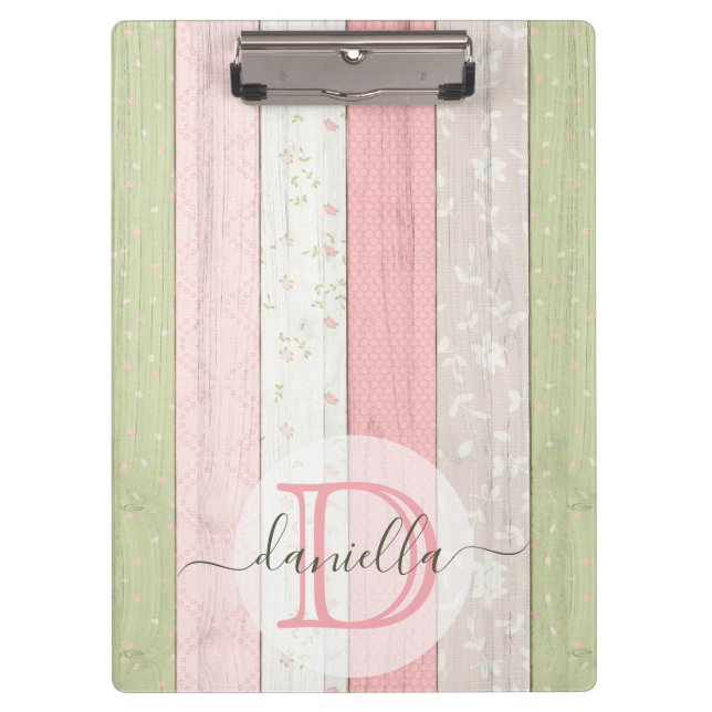 Rustic Sage Green & Pink Floral Wood Personalised Clipboard (Front)