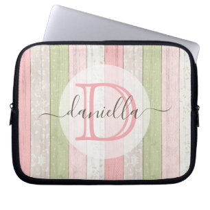 Rustic Sage Green & Pink Floral Wood Personalised Laptop Sleeve