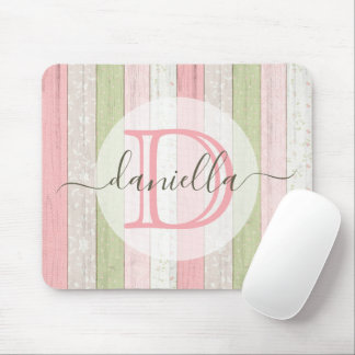 Rustic Sage Green & Pink Floral Wood Personalised Mouse Pad