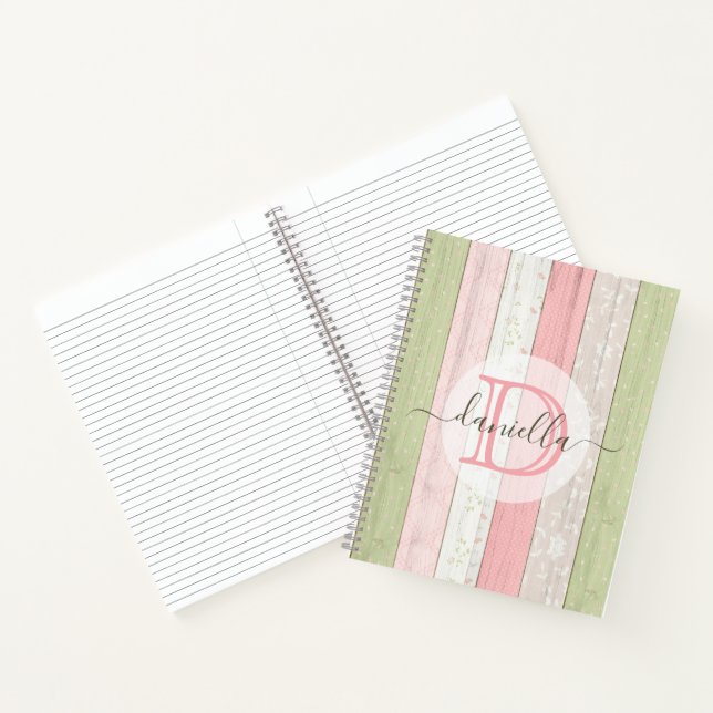 Rustic Sage Green & Pink Floral Wood Personalised Notebook (Inside)