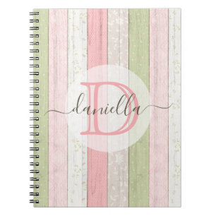Rustic Sage Green & Pink Floral Wood Personalised Notebook