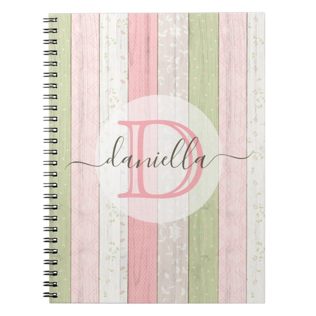 Rustic Sage Green & Pink Floral Wood Personalised Notebook (Front)