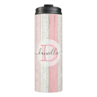 Rustic Sage Green & Pink Floral Wood Personalised Thermal Tumbler