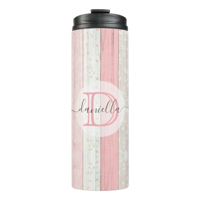 Rustic Sage Green & Pink Floral Wood Personalised Thermal Tumbler (Front)