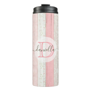 Rustic Sage Green & Pink Floral Wood Personalized Thermal Tumbler
