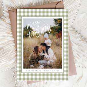 Rustic Sage Green Plaid Photo Merry Christmas Card