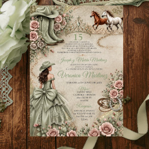 Rustic Sage Green Princess Western Quinceañera Invitation