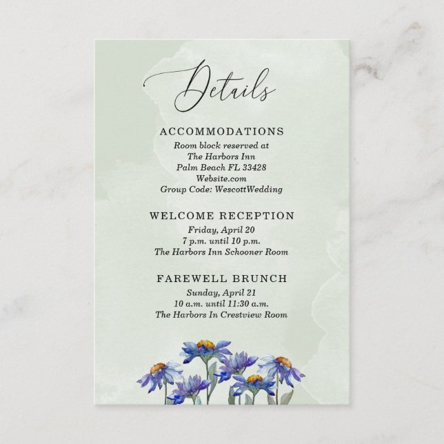 Rustic Sage Green & Purple Daisies Wedding Details Enclosure Card (Front)
