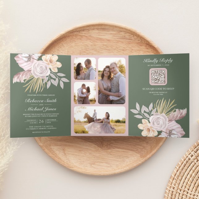 Rustic Sage Green Rose Pink Floral QR Code Wedding Tri-Fold Invitation (Creator Uploaded)