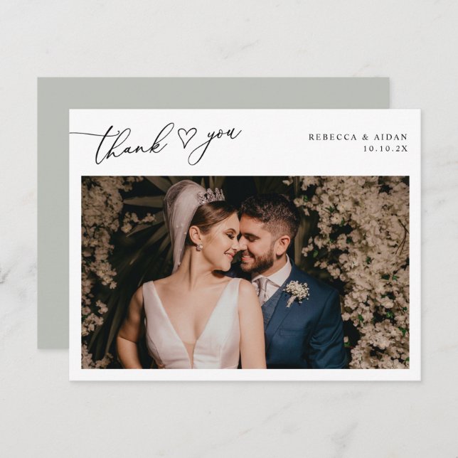 Rustic Sage Green Script Heart Wedding Photo Thank You Card (Front/Back)