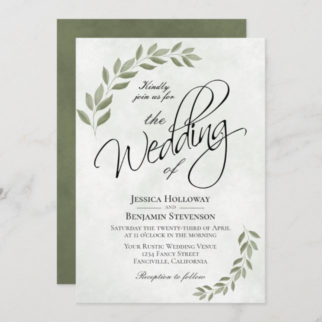 Rustic Sage Green Watercolor Leaves Chic Wedding Invitation (Front/Back)