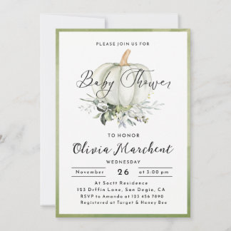Rustic Sage Green Watercolor Pumpkin Baby Shower Invitation