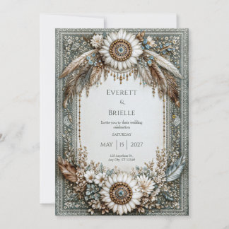 Rustic Sage Green White Sunflower Feather Wedding Invitation