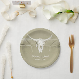 Rustic Sage Green White Western Cow Skull Paper Plate
