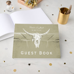 Rustic Sage Green White Western Cow Skull Wedding Guest Book