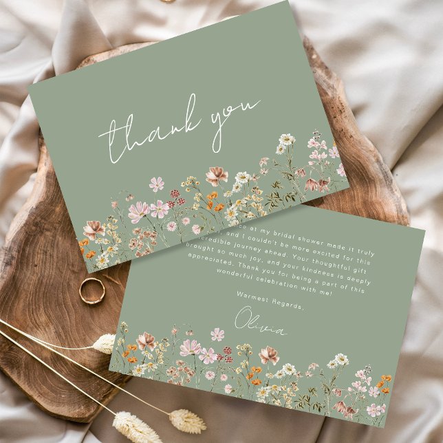Rustic Sage Green Wildflower Bridal Shower Thank You Card (Creator Uploaded)