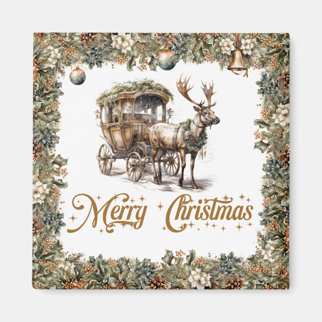 Rustic sage green wreath faux gold Reindeer Magnet (Front)