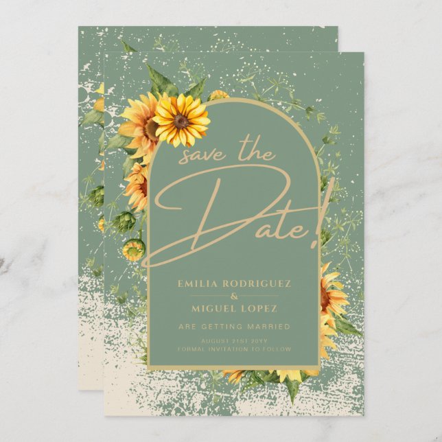 Rustic Sage Green Yellow Sunflowers Wedding Allin1 Invitation (Front/Back)