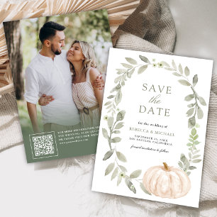 Rustic Sage Greenery White Pumpkin Wedding Photo Save The Date