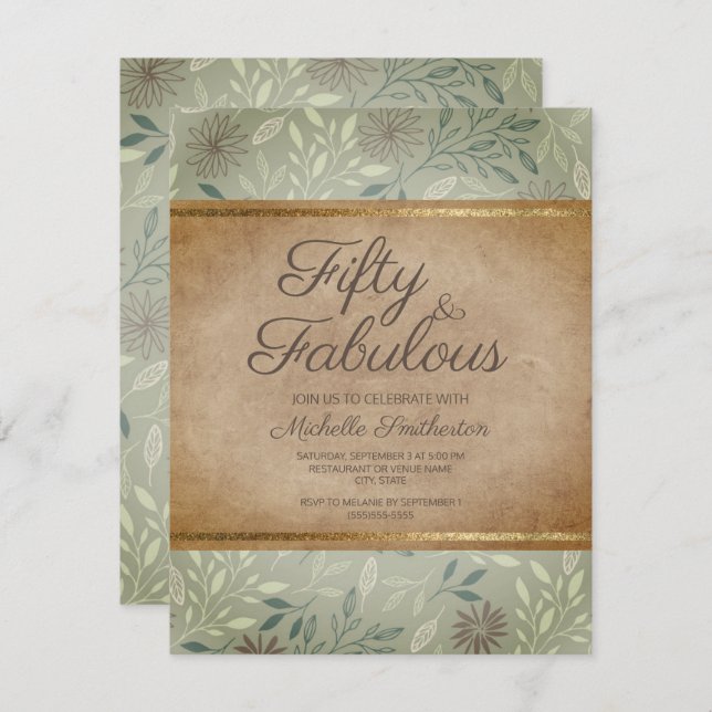 Rustic Sage Leaves Floral Gold 50th Birthday Invitation (Front/Back)
