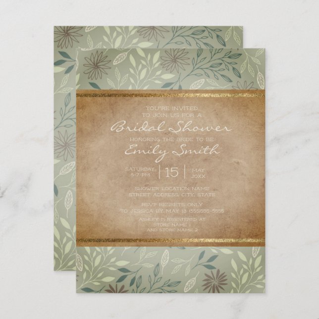 Rustic Sage Leaves Floral Gold Bridal Shower Invitation (Front/Back)