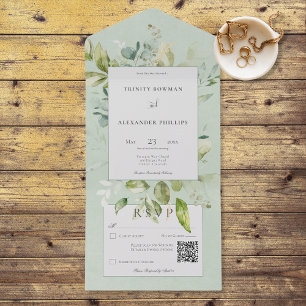 Rustic Sage Natural Greenery QR Code All In One Invitation