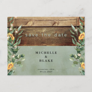 Rustic Sage Sunflowers & Lights Save the Date Postcard