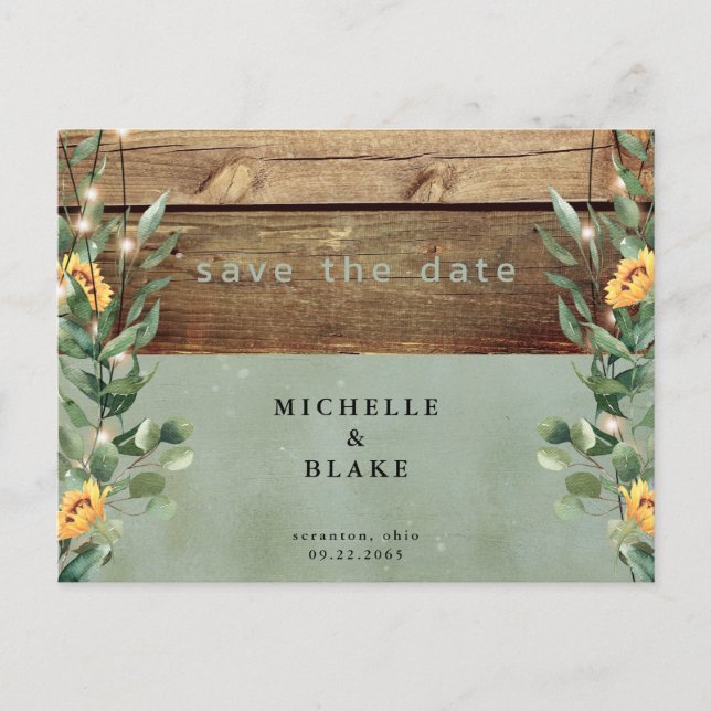 Rustic Sage Sunflowers & Lights Save the Date Postcard (Front)