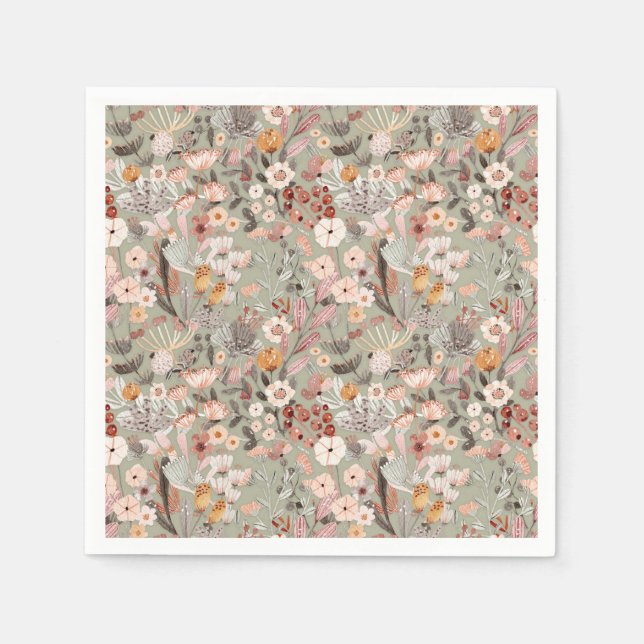 Rustic Sage Taupe Floral Boho Botanical Pattern Napkin (Front)