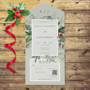 Rustic Sage Winter Holly & Pine QR Code All In One Invitation