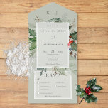 Rustic Sage Winter Holly & Pine Three Dinner All In One Invitation<br><div class="desc">ALSO AVAILABLE IN STYLES WITHOUT DINNER OPTIONS OR WITH A QR CODE. Celebrate love in the enchanting embrace of winter with our exquisite wedding invitation. Embodying the serene beauty of the season, this invitation features a captivating soft sage green hue that exudes elegance and warmth. The centerpiece of this ethereal...</div>