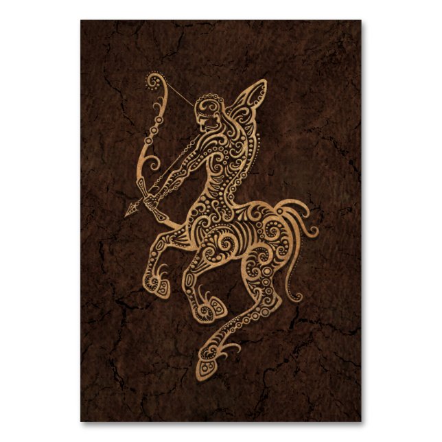 Rustic Sagittarius Zodiac Sign on Stone Effect Table Number (Front)