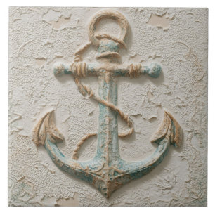Rustic Sand and Aqua Coastal Anchor Ceramic Tile