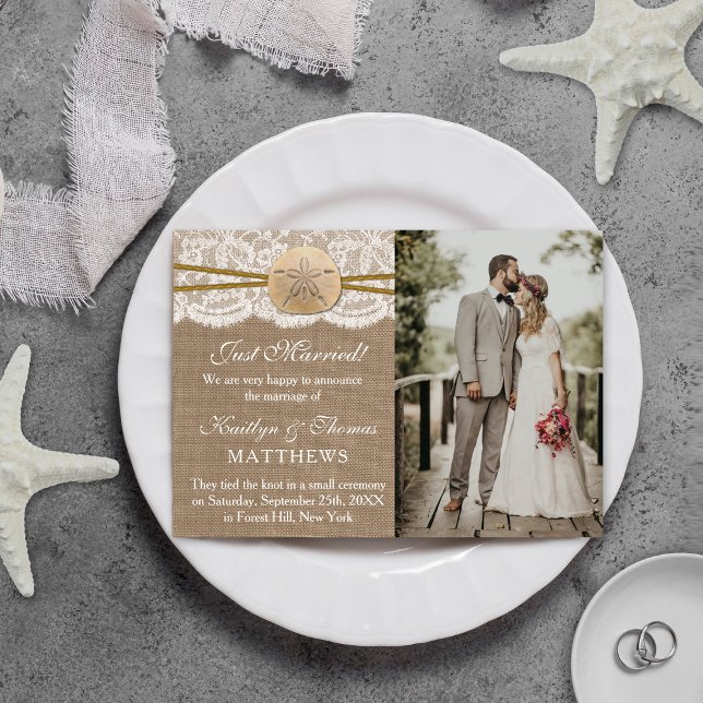 Rustic Sand Dollar Beach Wedding Photo Marriage Announcement (Creator Uploaded)