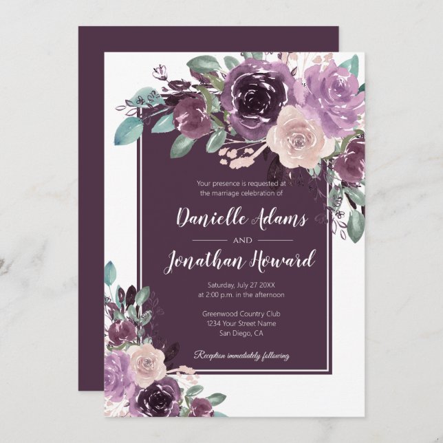 Rustic Sangria Dark Purple Mauve Flowers Wedding | Invitation (Front/Back)