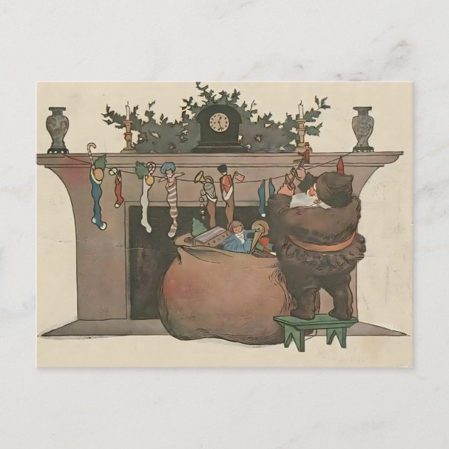 Rustic Santa Hanging Stockings by the Fireplace Postcard (Front)