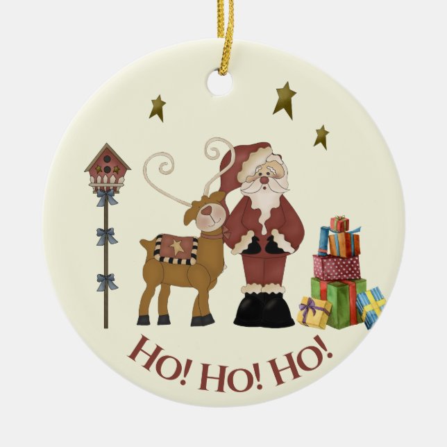 Rustic Santa, Reindeer Scene - Holiday Gift  Ceramic Ornament (Front)
