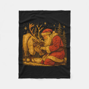 Rustic Santa Reindeer Vintage Christmas Forest Sce Fleece Blanket
