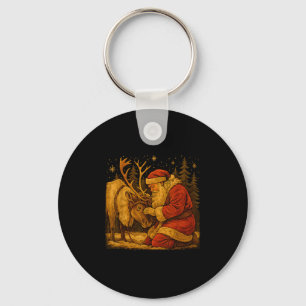Rustic Santa Reindeer Vintage Christmas Forest Sce Key Ring