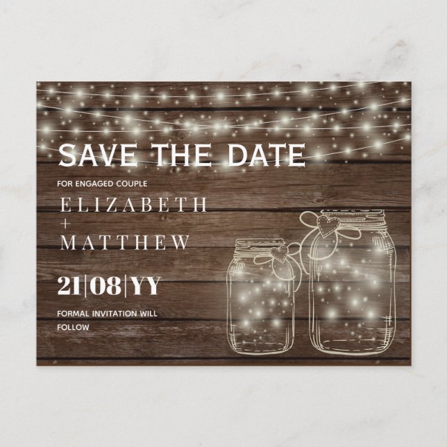 RUSTIC Save Date Mason Jars Strings Lights Wedding Postcard (Front)