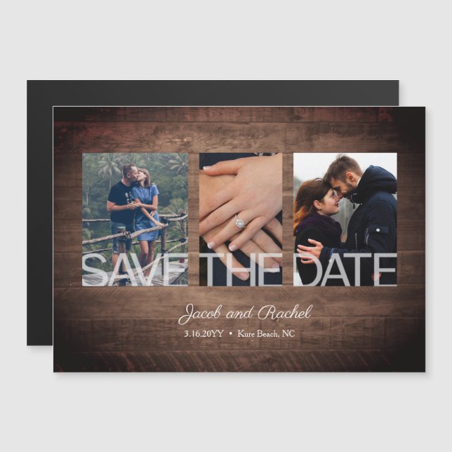Rustic Save the Date 3-Photo Collage Magnet (Front/Back)