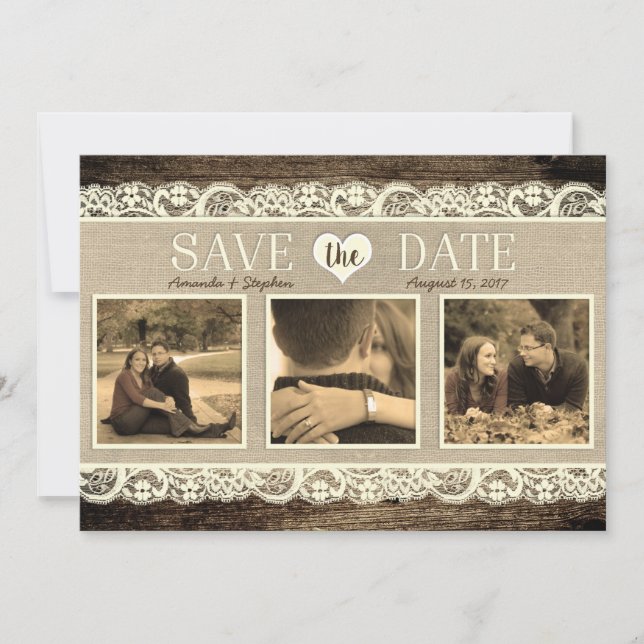 Rustic Save the Date | Barn Wood Lace and Burlap (Front)