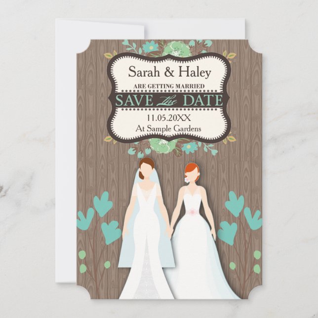 Rustic Save the Date Card, Two Brides (Front)