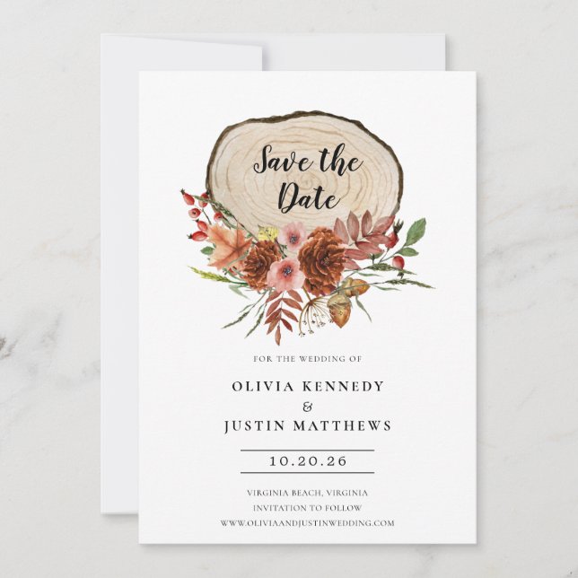 Rustic Save the Date Fall Floral Wood Slice  Invit Invitation (Front)