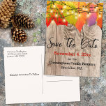 Rustic Save The Date Family Reunion Autumn Leaves Announcement Postcard<br><div class="desc">This family reunion save the date design features a rustic piece of wood as a background with autumn leaves and firefly lights as the top border. Personalize the text on the front and back,  remove text or click customize to select a font style,  size,  and color you like.</div>