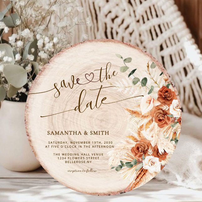 Rustic Save the Date Round Wood Cut Grain Card (Creator Uploaded)